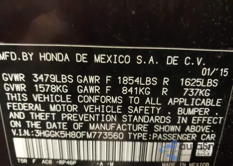 2015 Honda Fit Ex/Ex-L from USA, damaged, VIN 3HGGK5H80FM773560